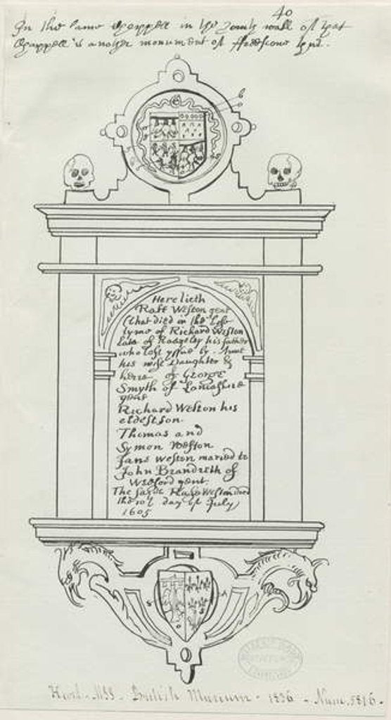 Detail of Rugeley Church - Monument to Rafe Weston: pen and ink drawing, 1836 by School English