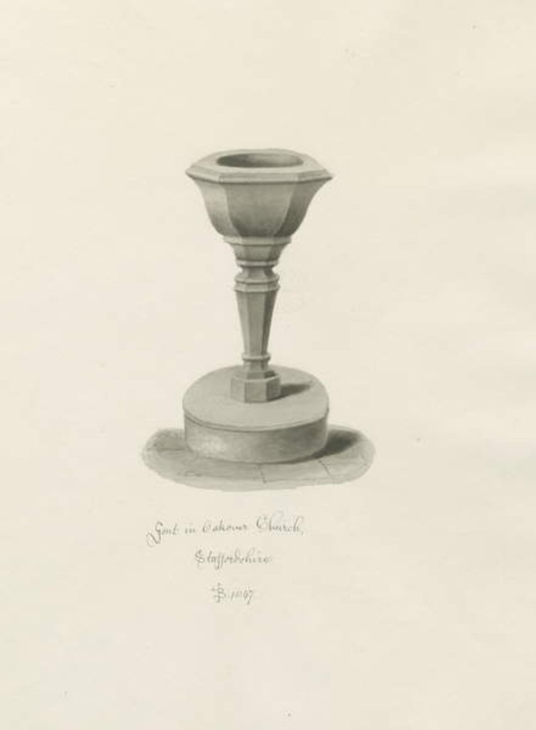 Detail of Font in Okeover Church: sepia drawing, 1847 by John Buckler