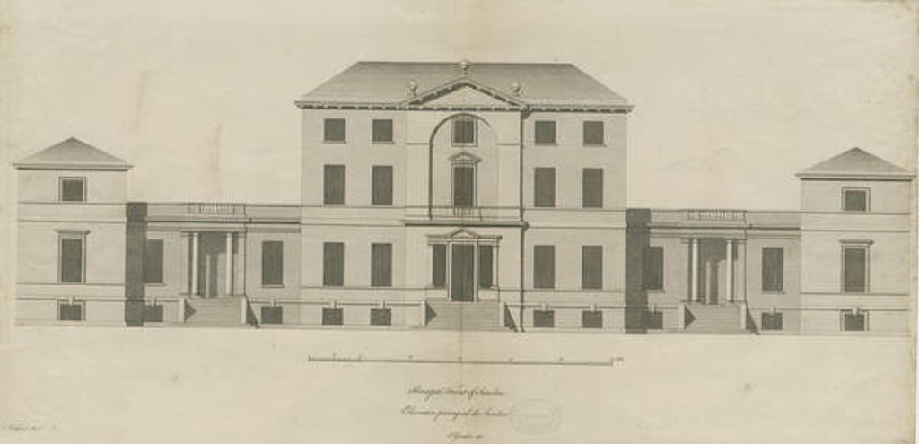 Detail of Sandon Hall: engraving by Joseph Pickford