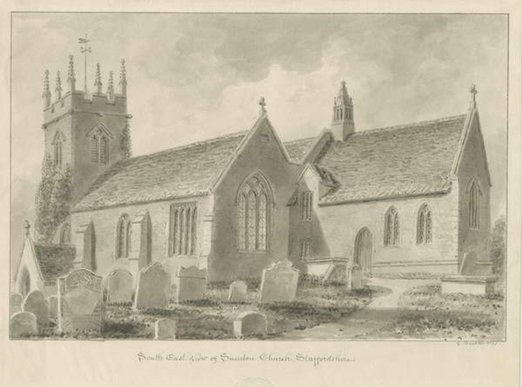 Detail of Sandon Church: sepia drawing, 1841 by George Buckler