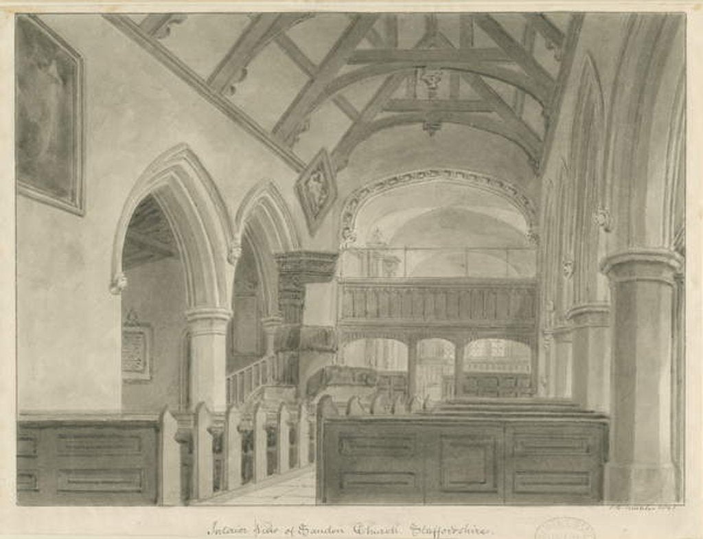 Detail of Interior of Sandon Church: sepia drawing, 1841 by John Chessell Buckler