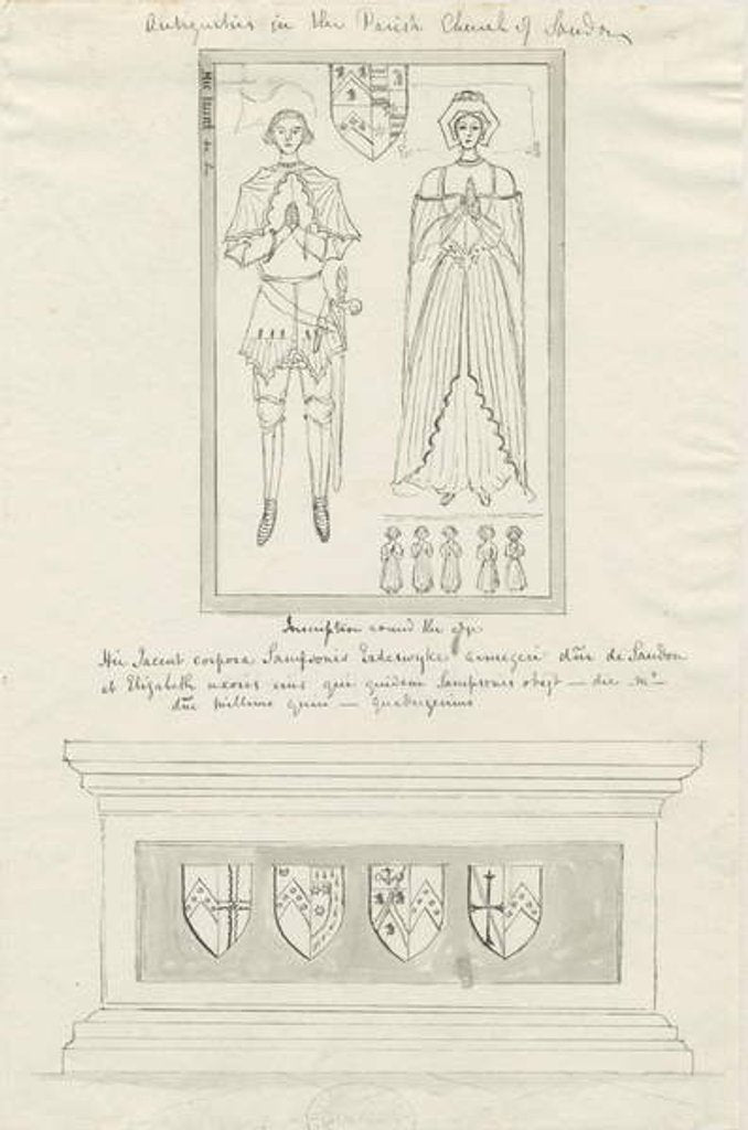 Detail of Sandon Church - Tomb of Sampson Erdeswicke and Elizabeth [Grey]: pen and ink drawing by School English
