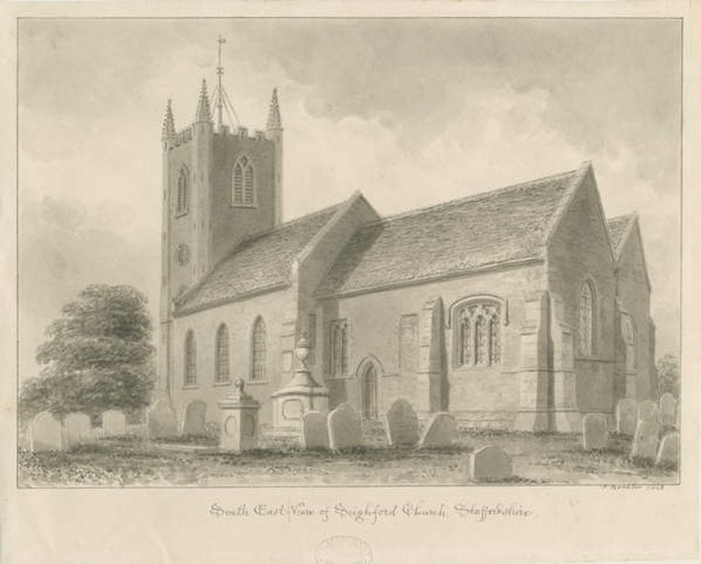 Detail of Seighford Church: sepia wash drawing, 1842 by John Buckler
