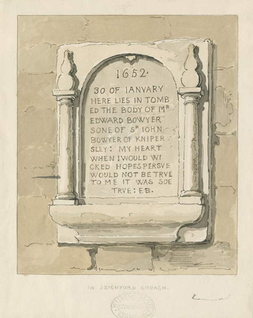 Detail of Seighford Church - Stone tablet to Edward Bowyer by Thomas Peploe Wood