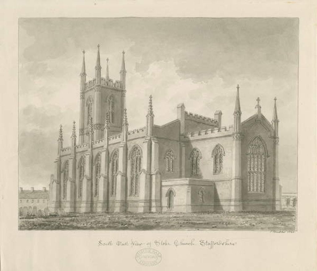 Detail of Stoke-upon-Trent Church [New]: sepia drawing, 1840 by John Buckler
