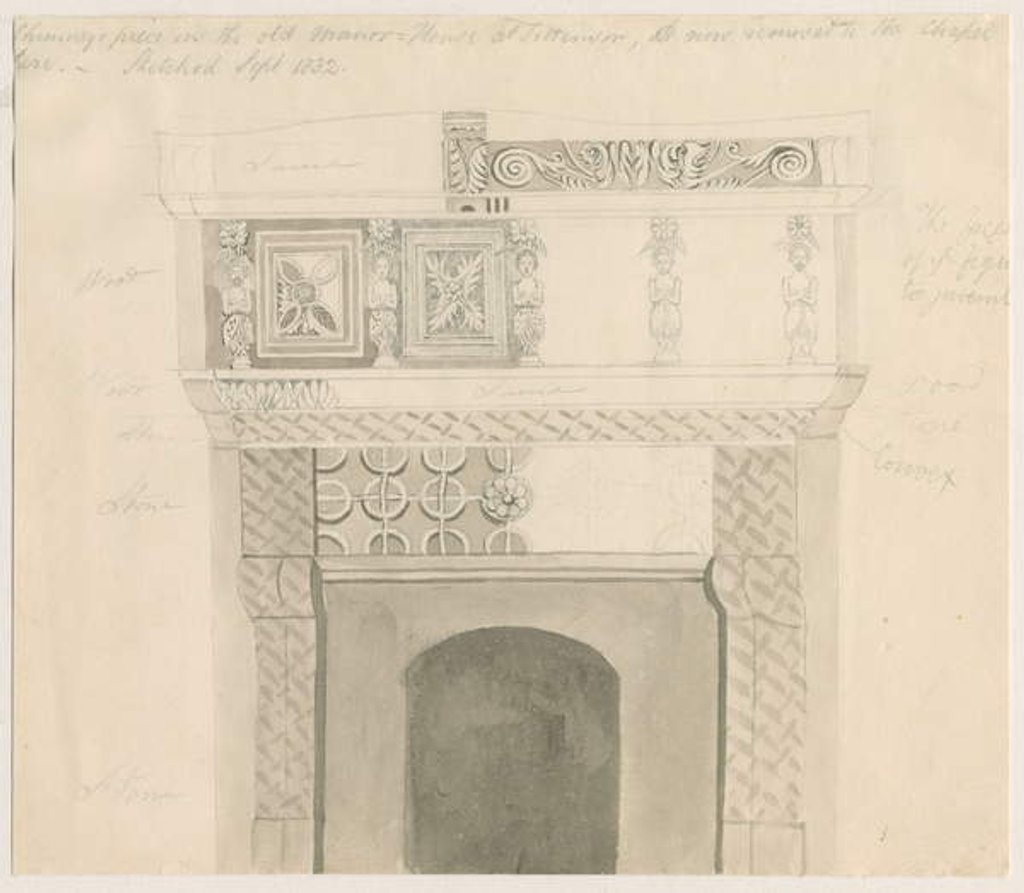 Detail of Tittensor - Chimney Piece in Manor House: pencil and wash drawing, Sep 1832 by School English