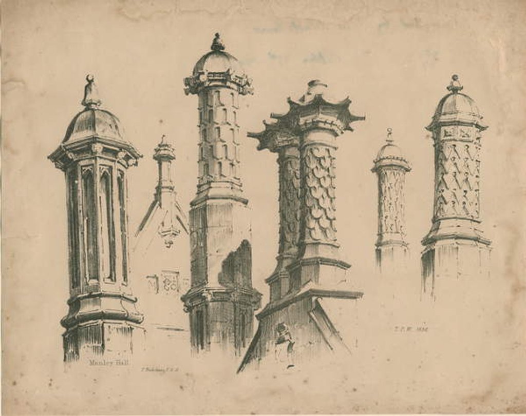 Detail of Thickbroom Hall ['Manley Hall'] - Finials and Chimneys: lithograph, 1838 by Thomas Peploe Wood
