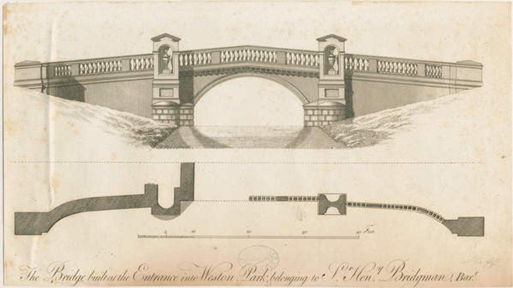 Detail of Weston-under-Lizard - Bridge at Entrance to Weston Park: engraving, nd [c 1765-1770] by James Paine