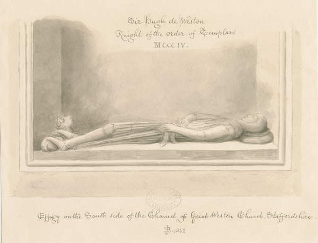 Detail of Weston-under-Lizard Church - Effigy of Sir Hugh de Weston: sepia drawing, 1842 by John Buckler