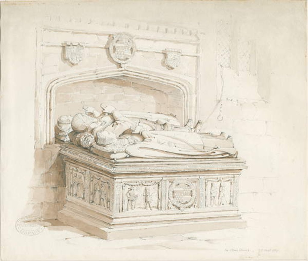 Detail of Stowe Church - Table tomb [of Sir Walter Devereux]: sepia drawing, 1839 by Thomas Peploe Wood