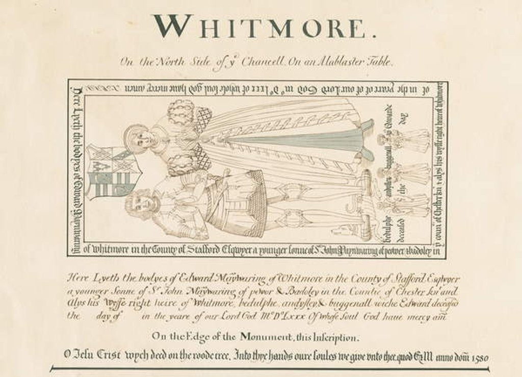 Detail of Whitmore Church - Memorial to Edward Maynwaring: pen and ink drawing, nd [19th cent] by John Robert Fernyhough