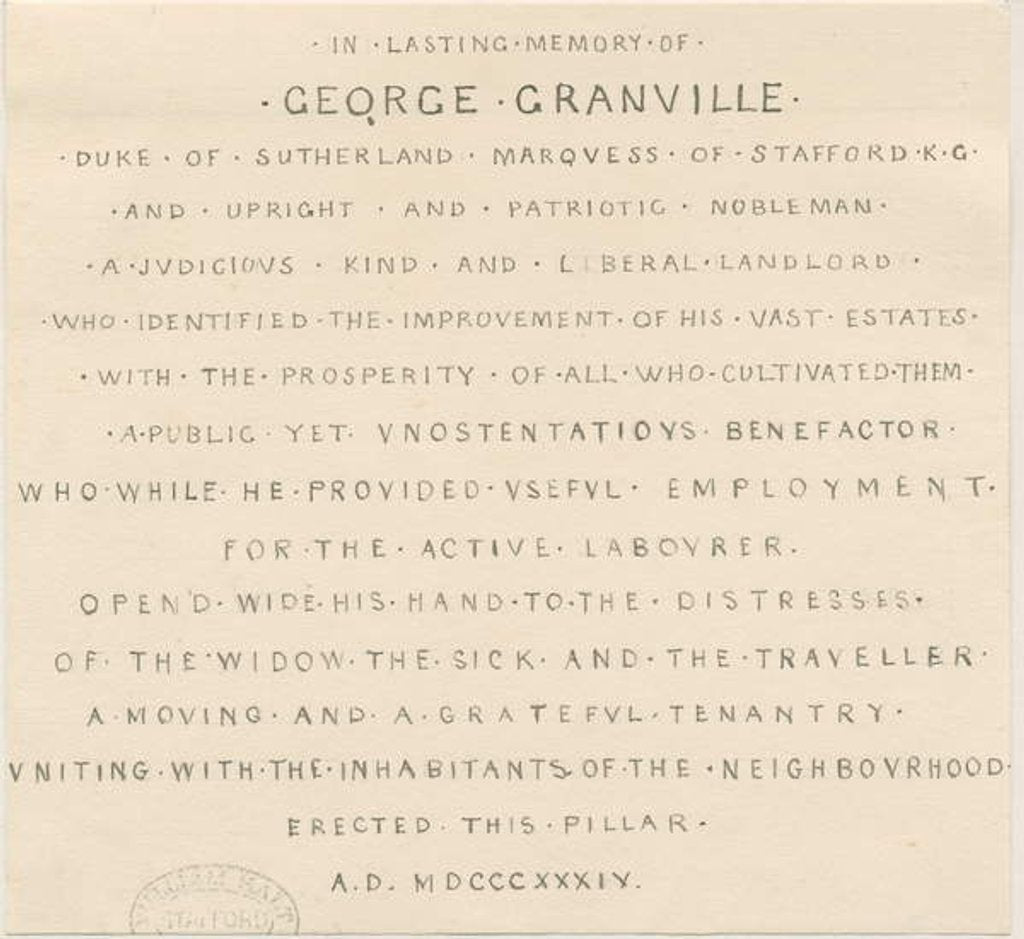 Detail of Trentham - Inscription on Monument to Duke of Sutherland: pen drawing, nd [1838] by Thomas Peploe Wood