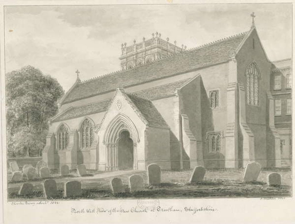 Detail of Trentham - New Church: sepia drawing, 1844 by John Buckler