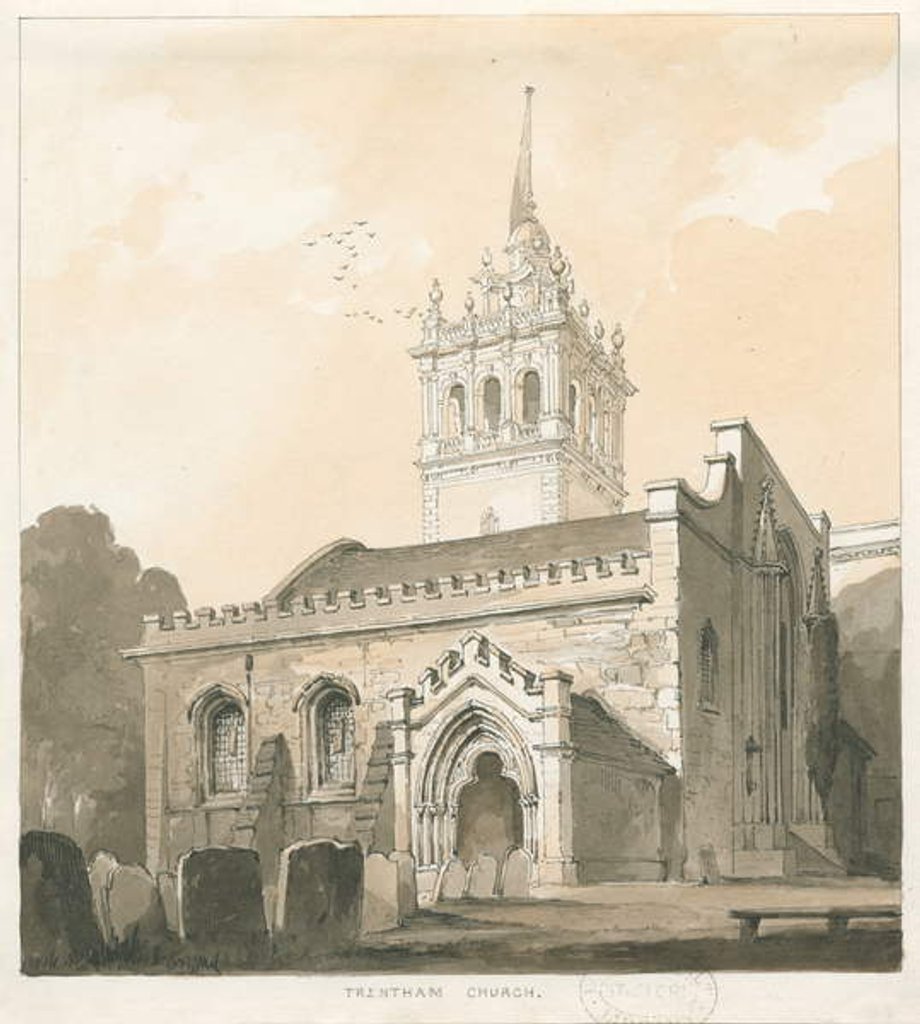 Detail of Trentham Church: sepia and yellow wash drawing by Thomas Peploe Wood