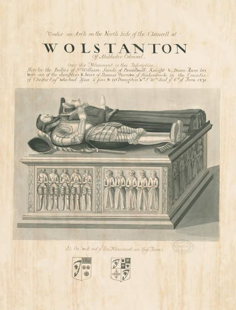 Detail of Wolstanton Church - Tomb of Sir William Sneide and Dame Anne: sepia and pen drawing, nd [?19th cent] by John Robert Fernyhough