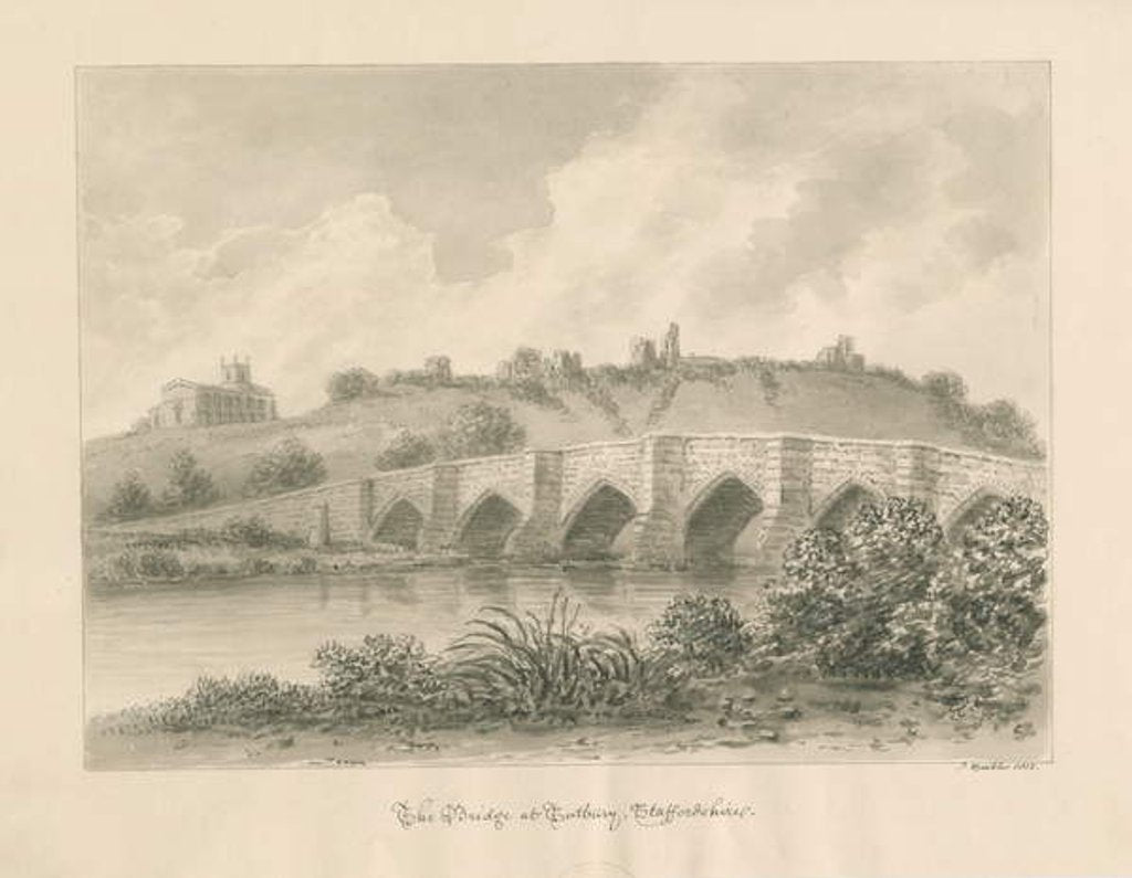 Detail of Tutbury Castle, Church and Bridge by John Buckler