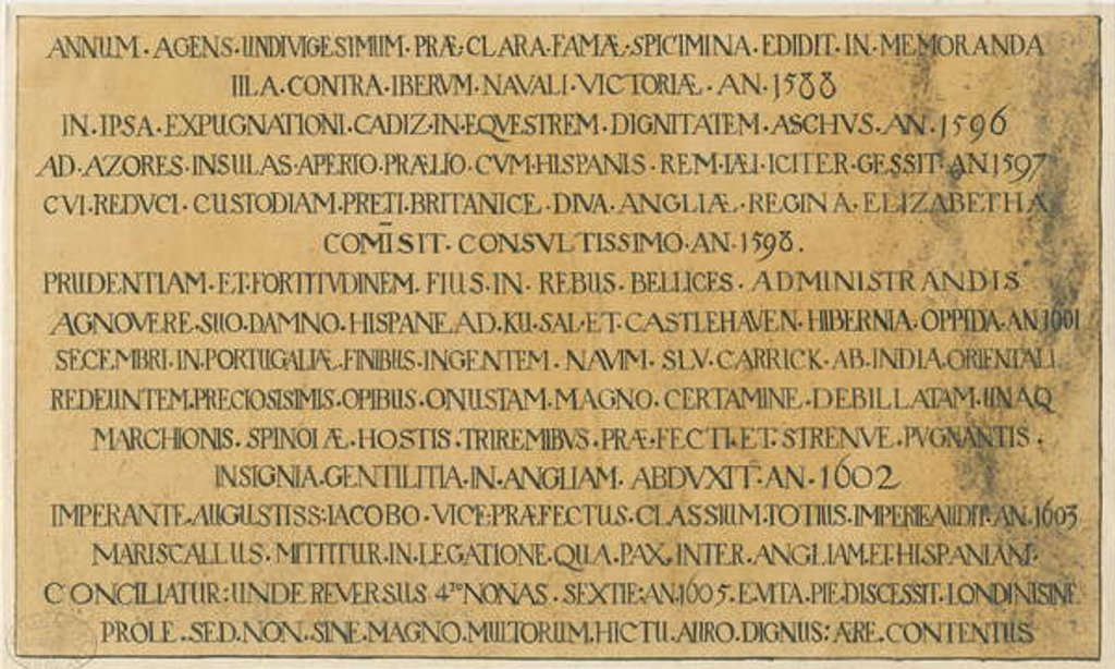 Detail of Wolverhampton - Latin epitaph of Admiral Richard Leveson in St. Peter's Church by School English