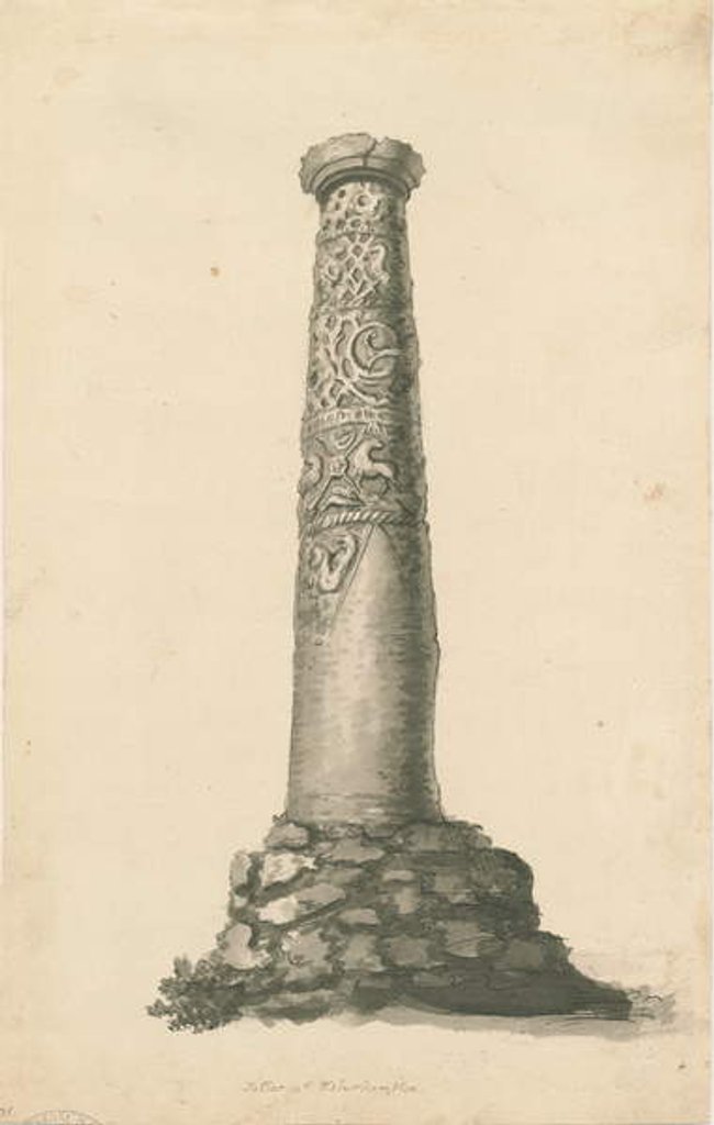 Detail of Wolverhampton - Saxon pillar in St. Peter's Church-yard: sepia drawing, nd [late 18th cent] by T Carter