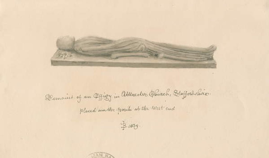 Detail of Uttoxeter Church - Effigy: sepia wash drawing, 1839 by John Buckler