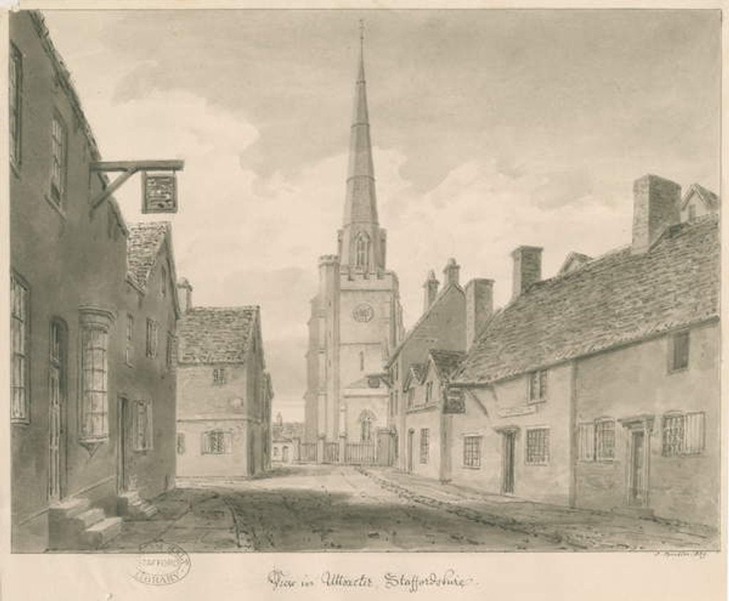 Detail of Uttoxeter Town - Street View: sepia drawing, 1839 by John Buckler