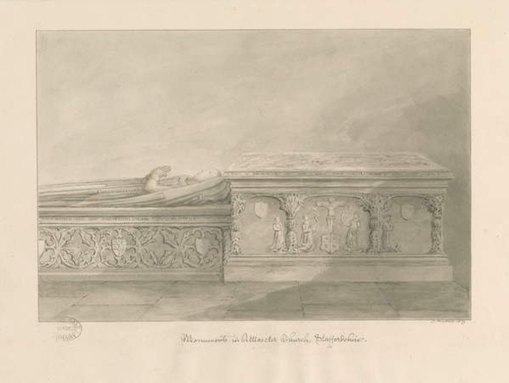 Detail of Uttoxeter Church - Tombs of Thomas Kinnersley and of a woman: sepia wash drawing, 1839 by John Buckler