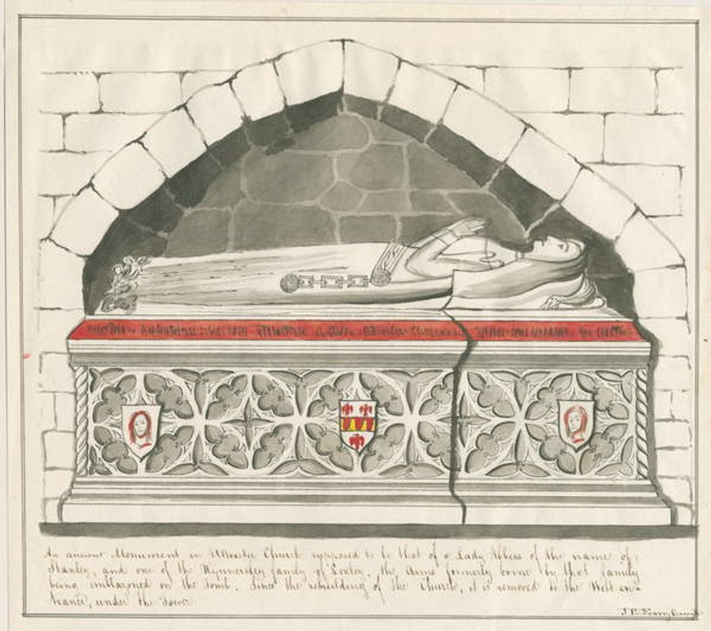 Detail of Uttoxeter Church - Tomb of Lady Abbess of Kynnersley Family: pen and wash drawing, nd [mid 19th cent] by John Robert Fernyhough