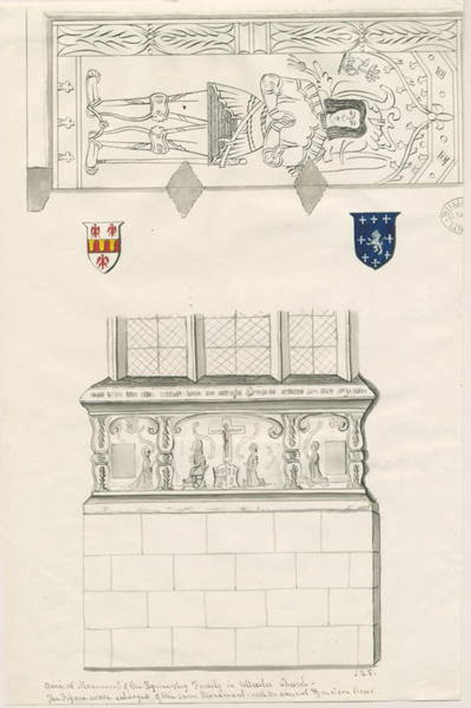 Detail of Uttoxeter Church - Monument of Kinnersley Family: pen and wash drawing by John Robert Fernyhough