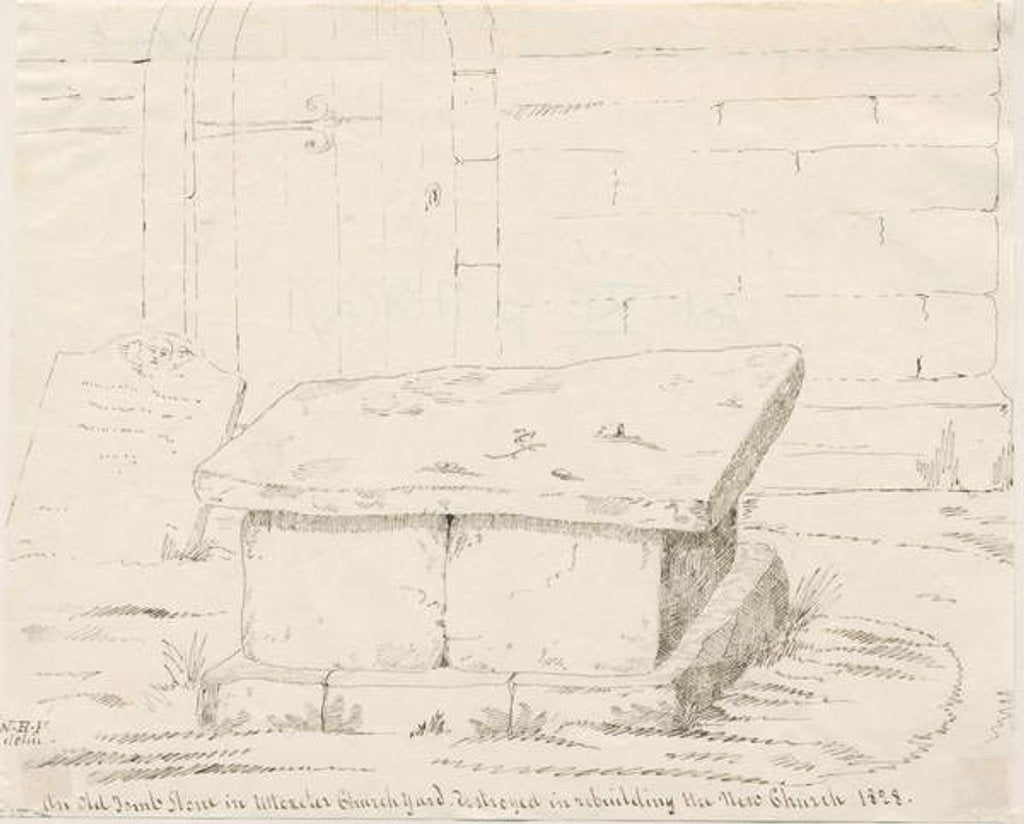 Detail of Uttoxeter Church - Old Tomb Stone: pen and ink drawing by School English