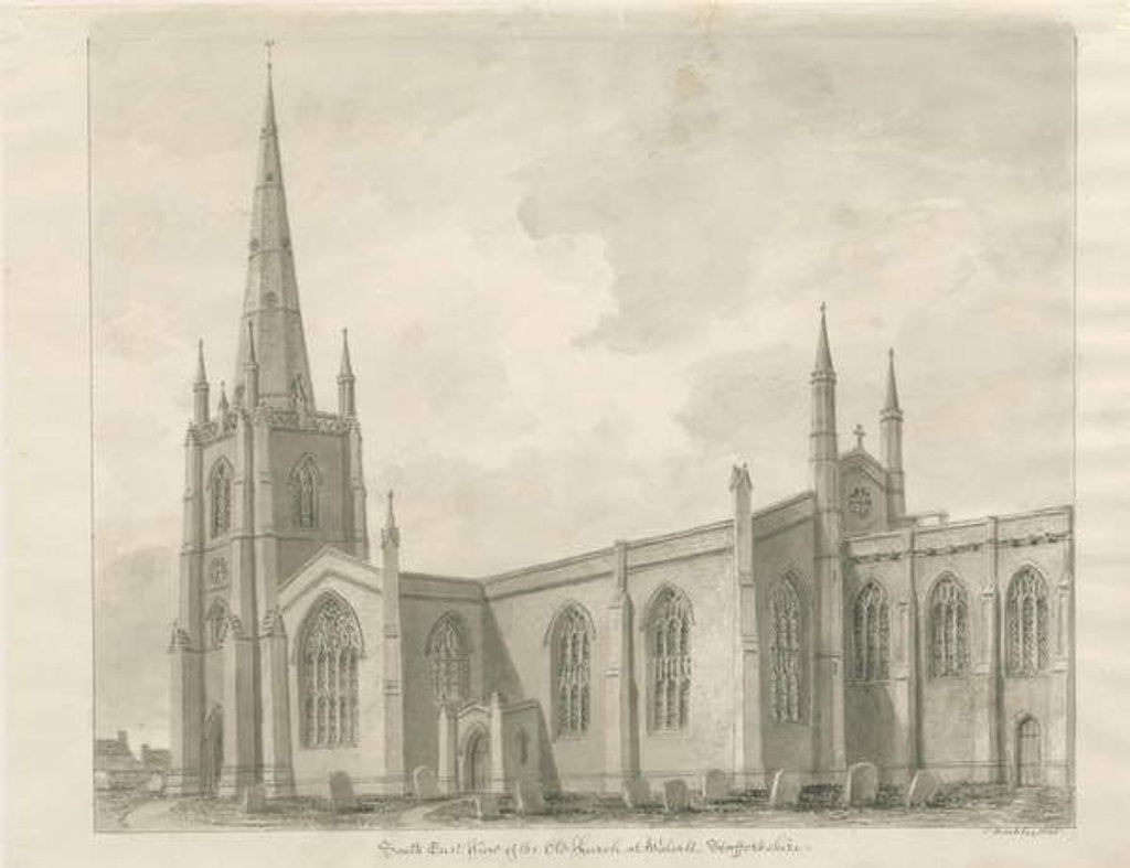 Detail of Walsall Church ['Old']: sepia drawing, 1845 by John Buckler