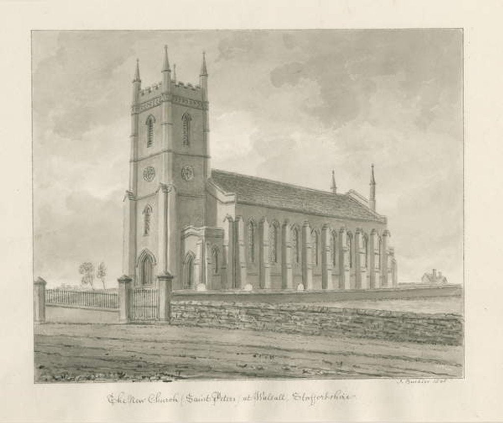 Detail of Walsall Church ['New']: sepia drawing, 1845 by John Buckler