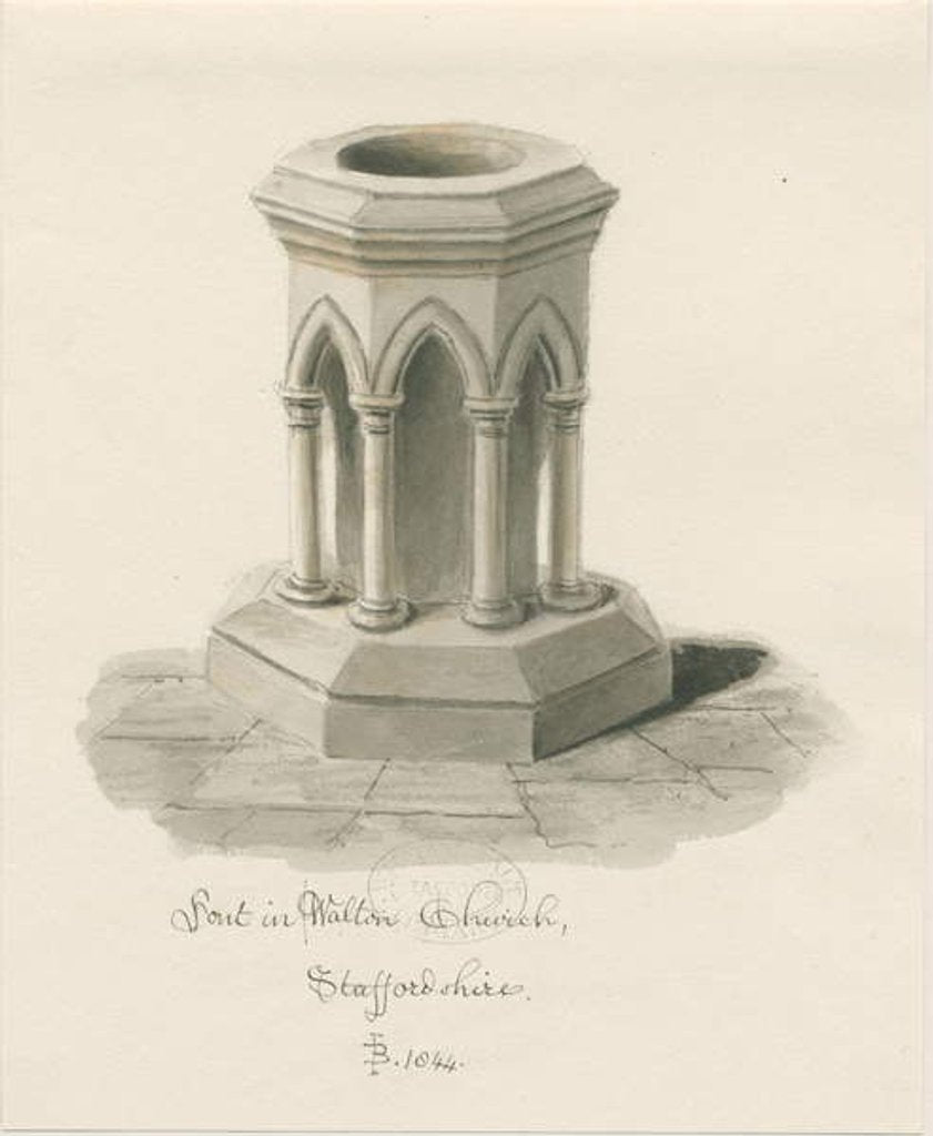 Detail of Font in Walton-on-the-Hill Church by John Buckler