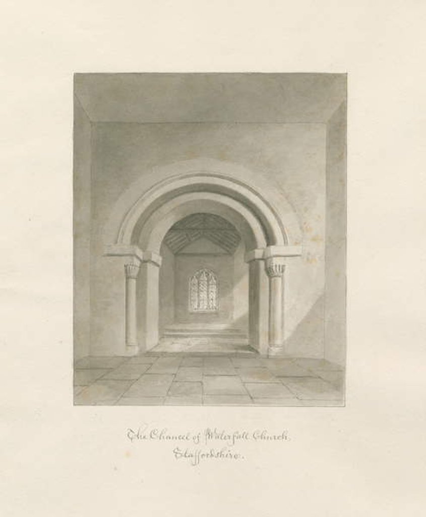Detail of Waterfall Church - Interior of Chancel: sepia drawing, 1847 by John Buckler