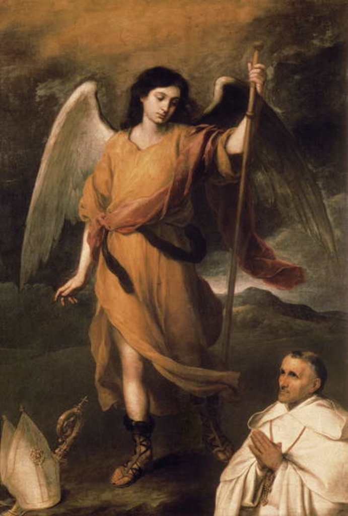 Detail of Archangel Raphael with Bishop Domonte by Bartolome Esteban Murillo