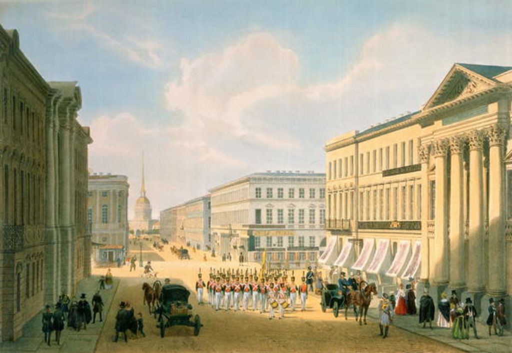 Detail of The Police Bridge and Nevsky avenue in St. Petersburg, printed by Lemercier, Paris, 1840s by Louis Jules Arnout