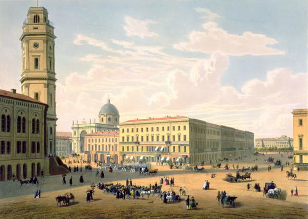 Detail of The Catholic Church and Mikhailovskaya Street in St. Petersburg, printed by J. Jacottet and Regamey. by French School