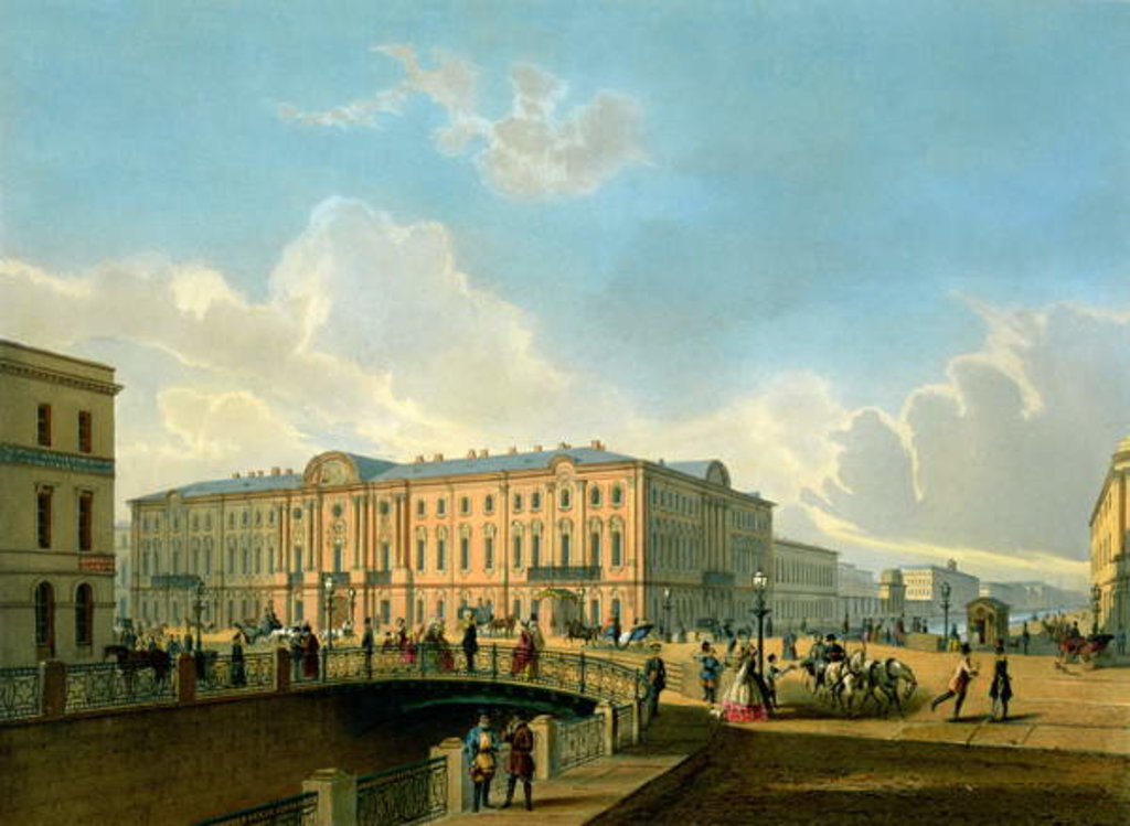 Detail of The Moyka Embankment and the Police Bridge in St. Petersburg, printed by J. Jacottet and Regamey by French School