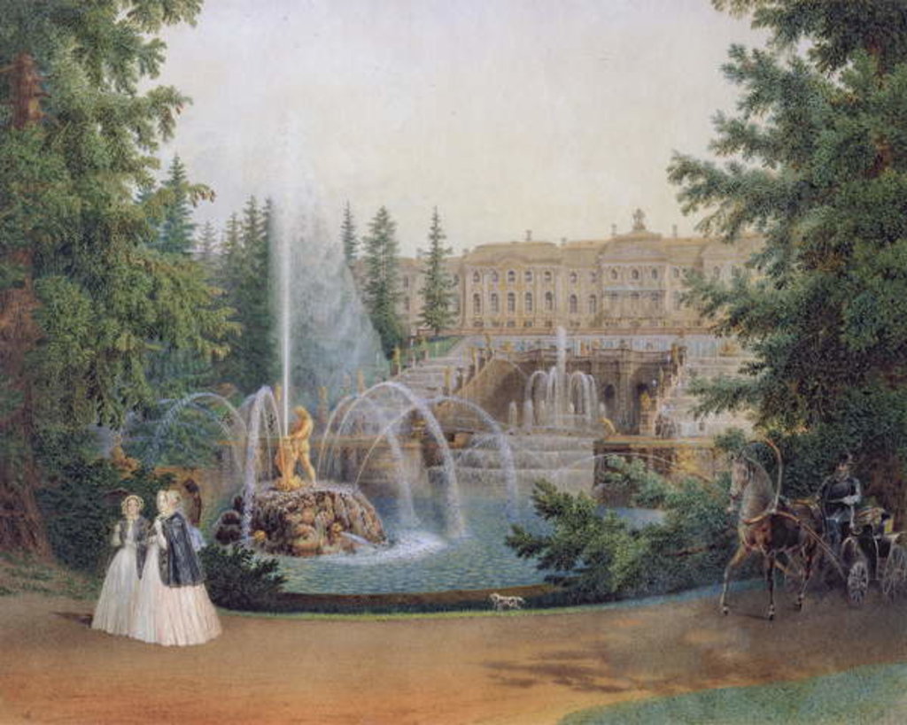 Detail of View of the Marly Cascade from the Lower Garden of the Peterhof Palace, c.1830-60 by Vasili Semenovich Sadovnikov