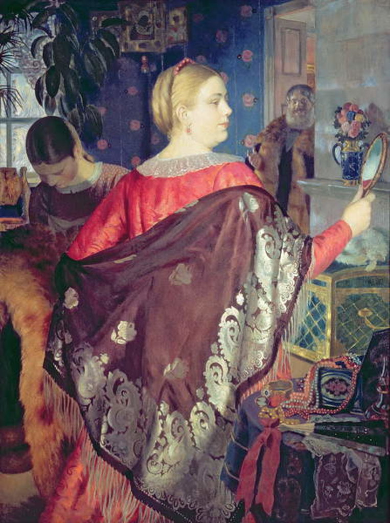 Detail of Merchant's woman with a mirror by Boris Mikhailovich Kustodiev