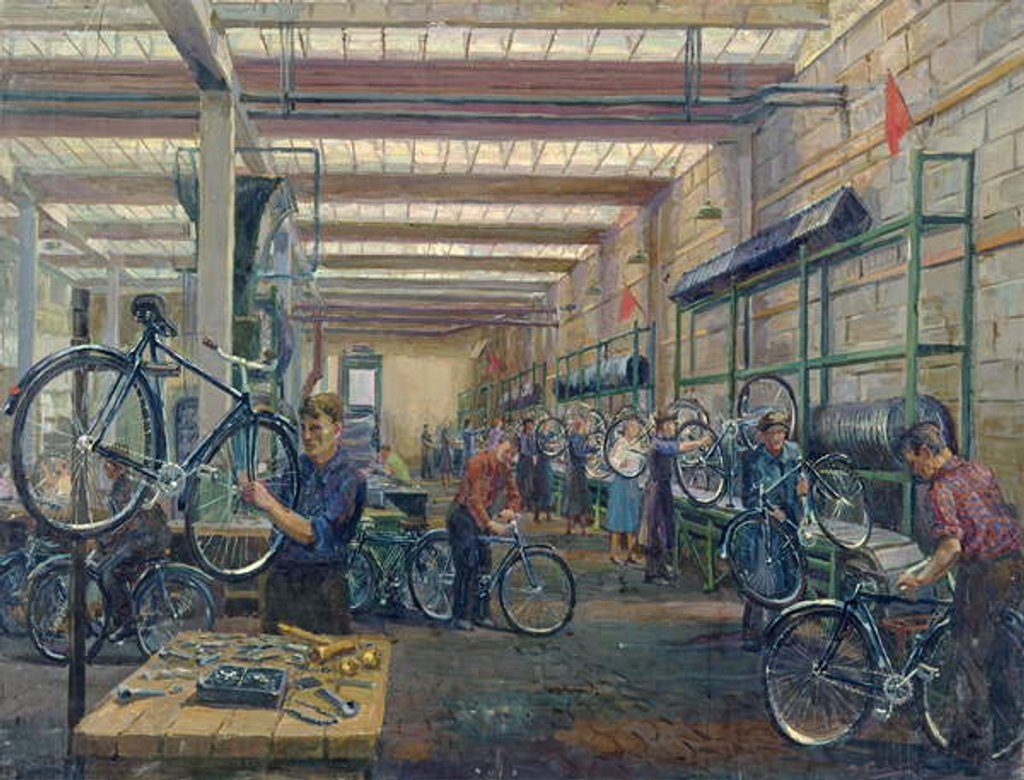 Detail of The Moscow Cycle Works, c.1930 by Nikolay Vassilyevich Pinegin