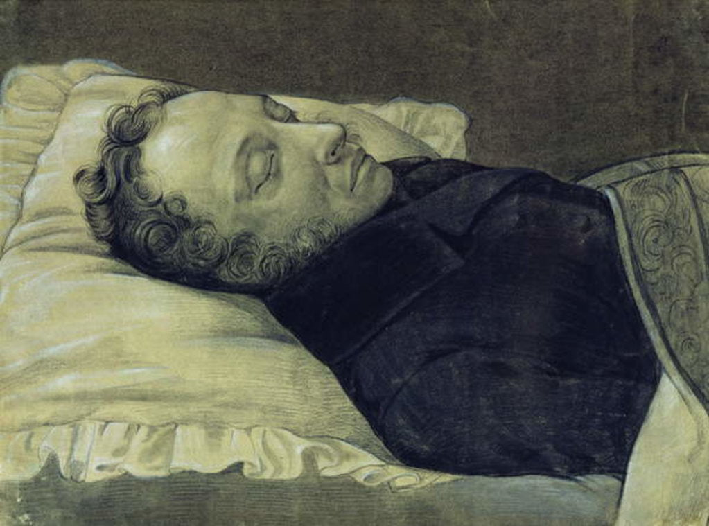Detail of Portrait of Alexander Pushkin on his deathbed, 1837 by Alexander Alexeyevich Koslov