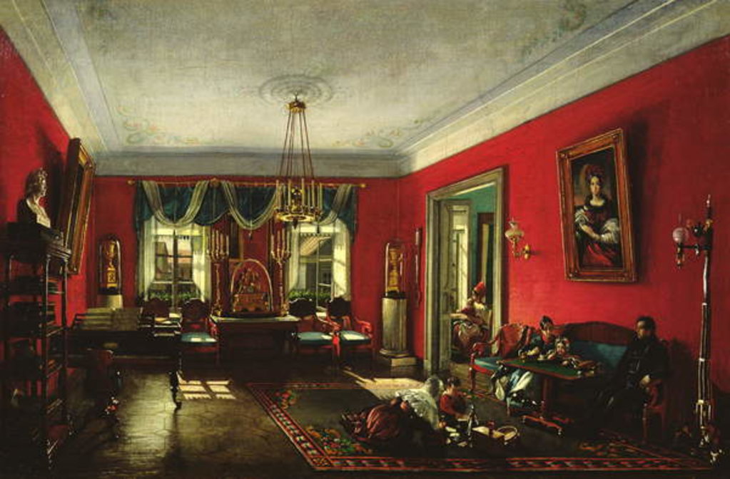 Detail of The Nashchokin family in drawing room by Nikolai Ivanov Podklutchnikov
