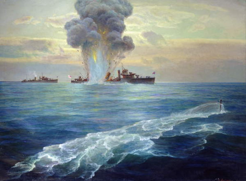 Detail of British destroyer Vittoria torpedoed by the Bolshevik submarine Pantera off the island of Seiskari on 1st September 1919, 1939 by Nikolai Evlampievich Bublikov