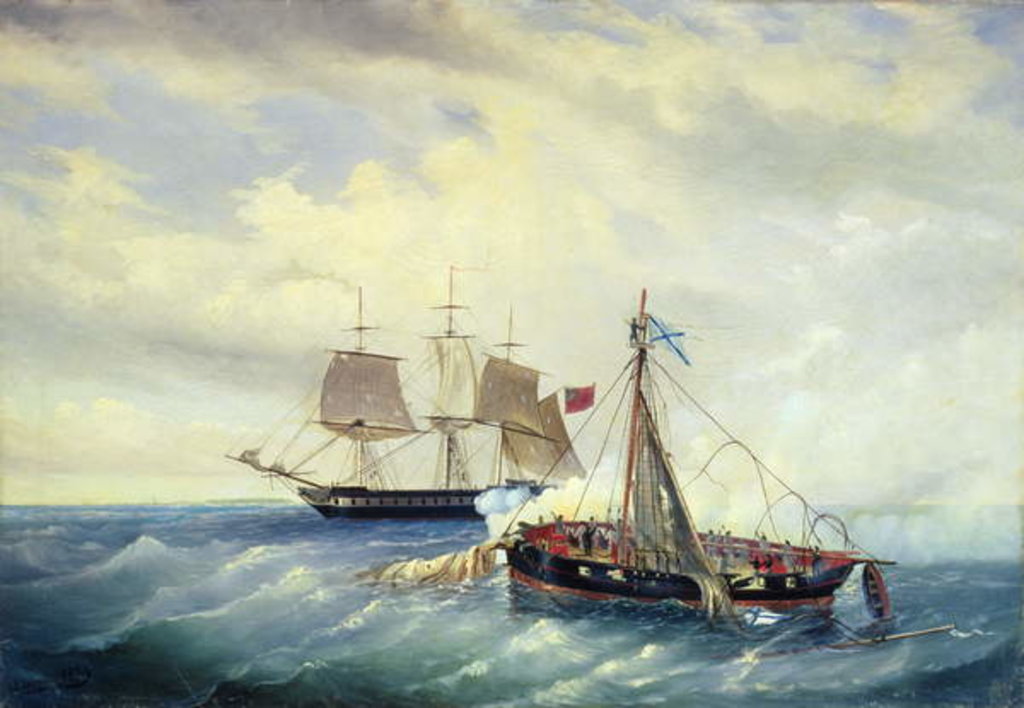 Detail of Battle between the Russian ship Opyt and a British frigate, off the coast of Nargen Island, 11th June 1808, 1889 by Leonid Demyanovich Blinov