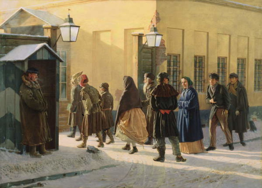 Detail of A street scene, outside a prison, 1868 by Vasili Georgievich Malyschev