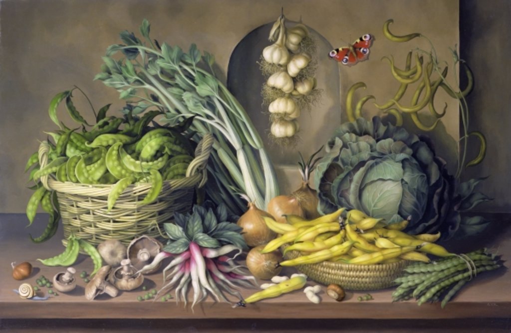 Detail of Garlic and radishes and a peacock buttefly, 1997 by Amelia Kleiser