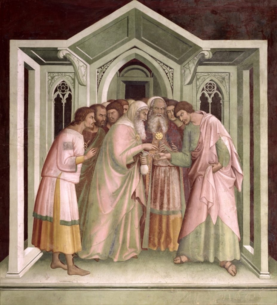 Detail of Judas Receiving Payment for his Betrayal, from a series of Scenes of the New Testament by Barna da Siena