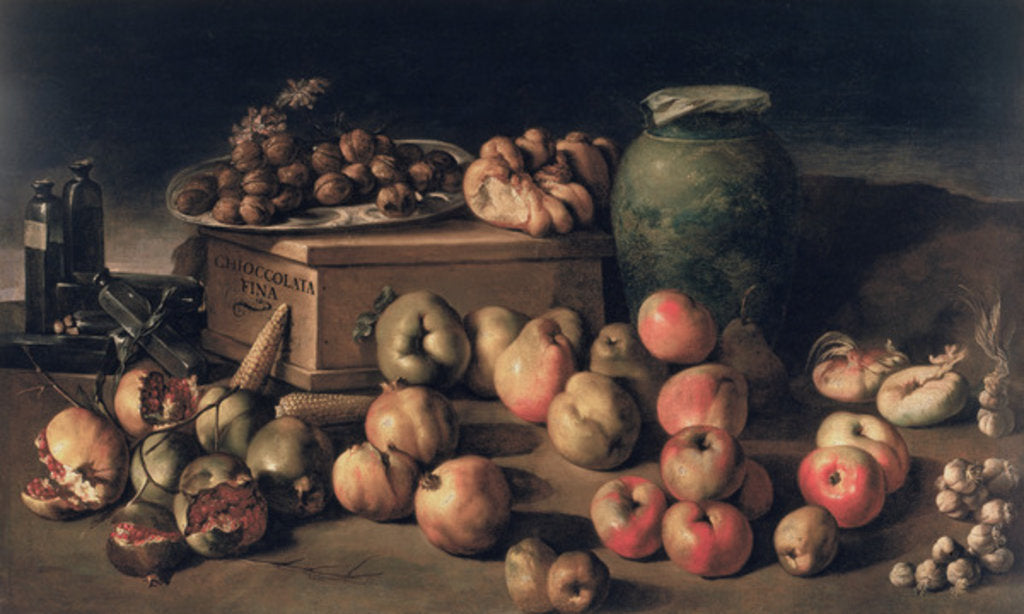 Detail of Still life with fruit and a box of fine chocolate by Master of the Fine Chocolate