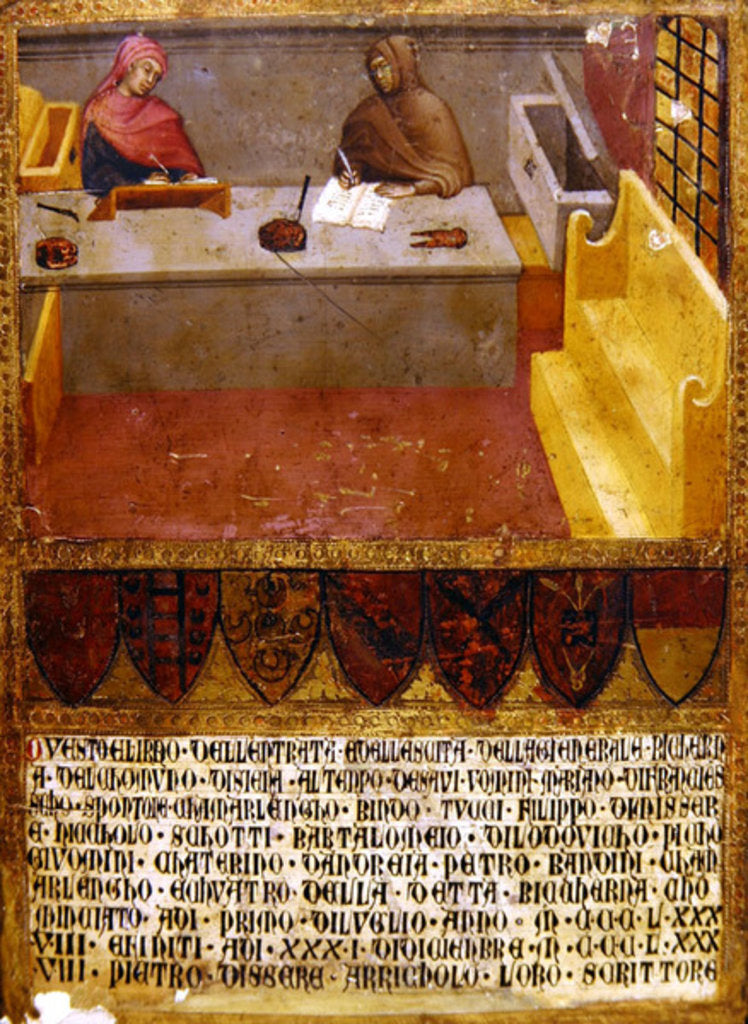 Detail of Chief Financial Officer and Scribe at their desk in the Biccherna by Paolo di Giovanni Fei