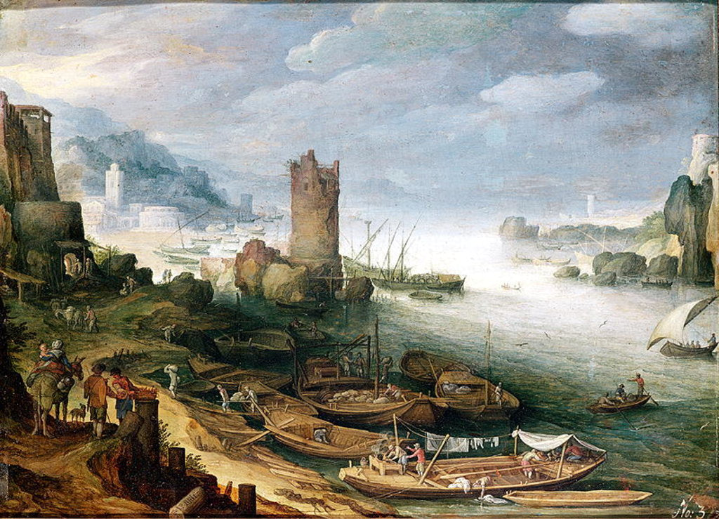Detail of River Scene with a Ruined Tower by Paul Brill or Bril