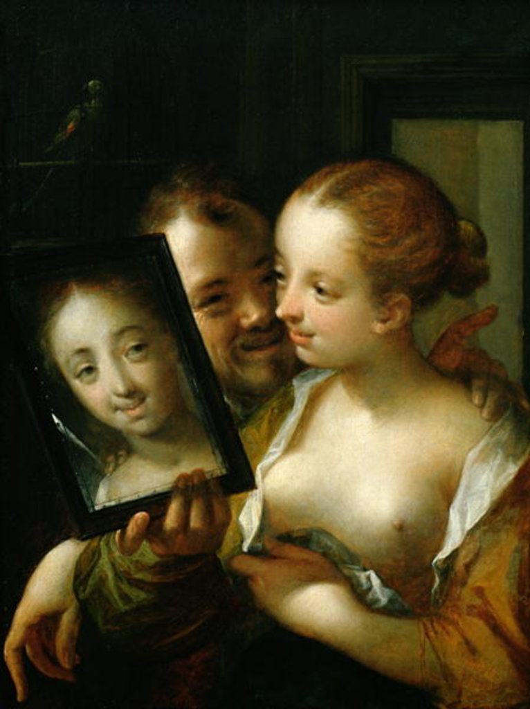Detail of Laughing Couple with a mirror, 1596 by Johann or Hans von Aachen